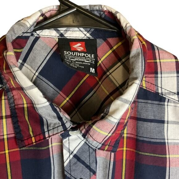 Southpole Mens Red & Navy Plaid Short Sleeve Shirt Button-Down Size M - Picture 2 of 11